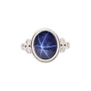 4.2cts Ceylon Star Sapphire Ring in Solid 14K White Gold with Diamond Accents